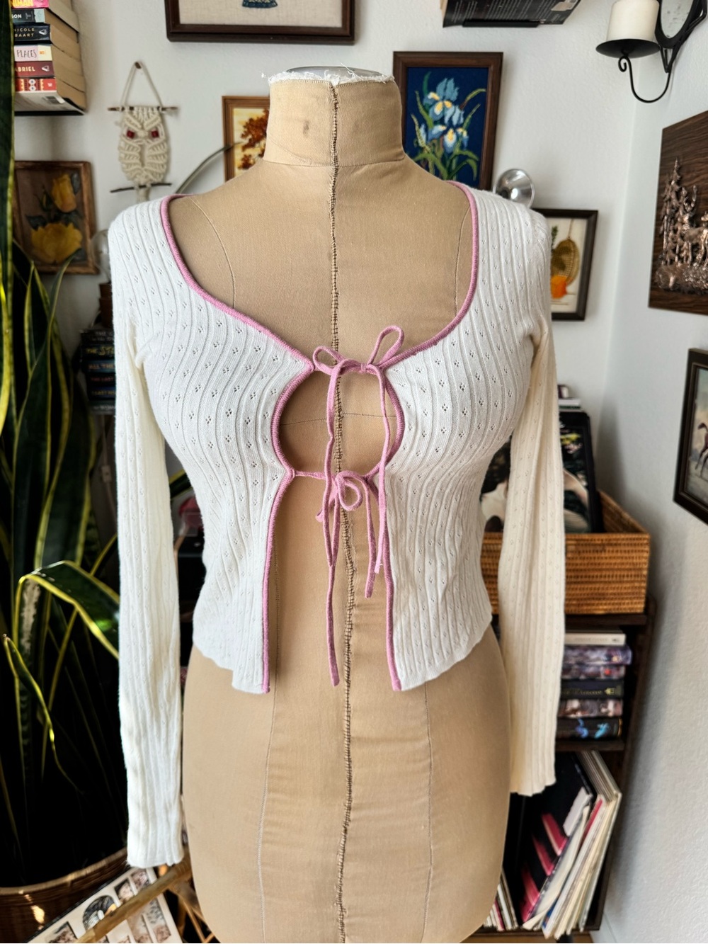 BDG Pointelle Tie front Cardigan Cream With Lavender trim Ballet core Medium